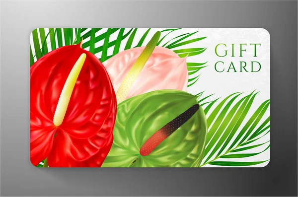 熱帯エキゾチックなエキゾチックなアジアの花とギフトカード アンスリウムとフラミンゴの花と緑のヤシの枝 背景テンプレート結婚式のデザインに便利な 女性のショッピングカード 忠誠心カード — ストックベクタ