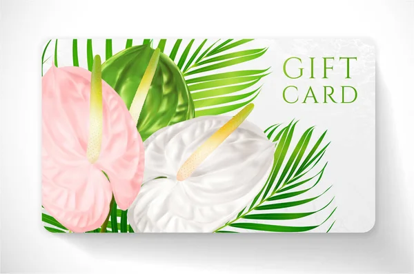 Geschenkkarte Mit Tropischen Exotischen Realistischen Asiatischen Blumen Anthurium Andraeanum Flamingoblume — Stockvektor