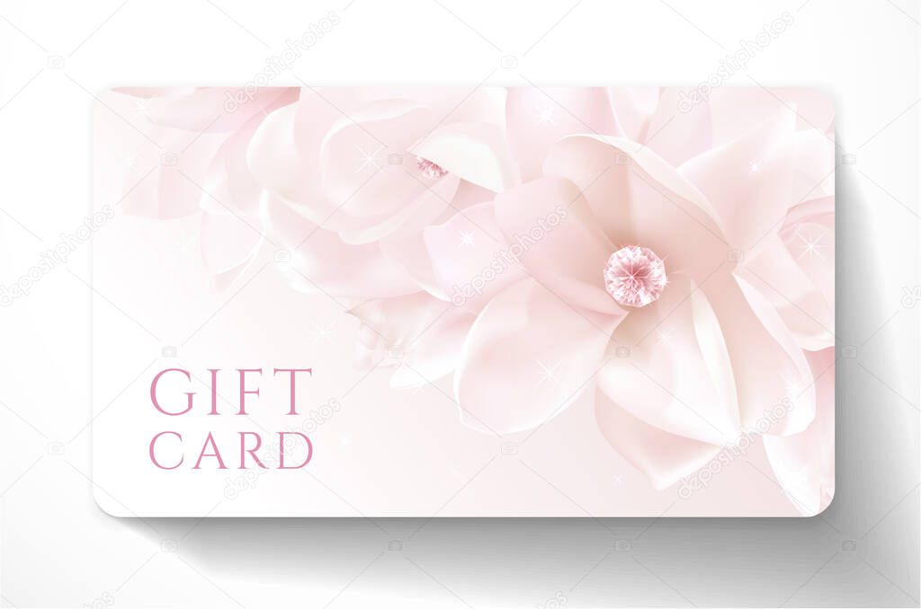 Gift card with beautiful realistic magnolia pink flower isolated on clean background. Template useful for wedding design, women shopping card (loyalty card)