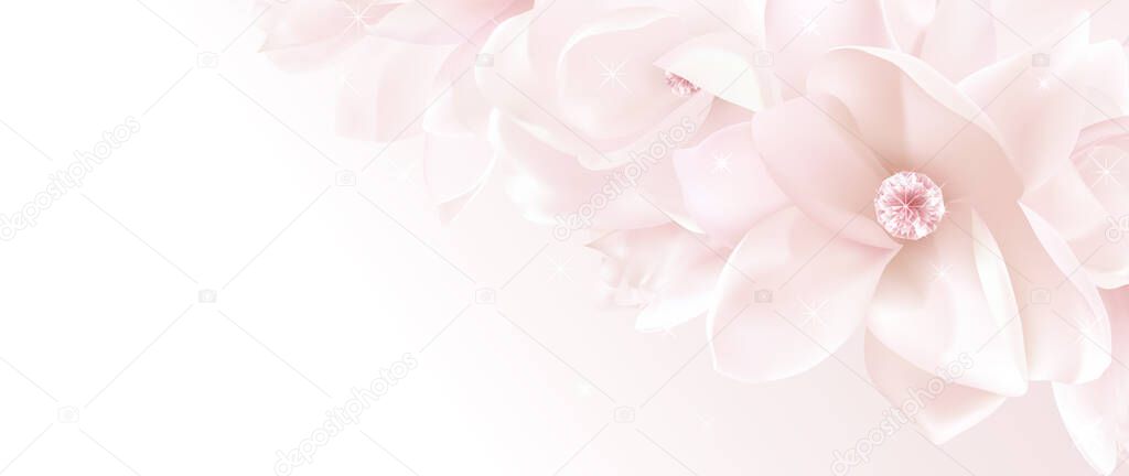 Gift certificate, Voucher with realistic pink magnolia flower bouquet. Blank background template useful for wedding design, invitation card or coupon