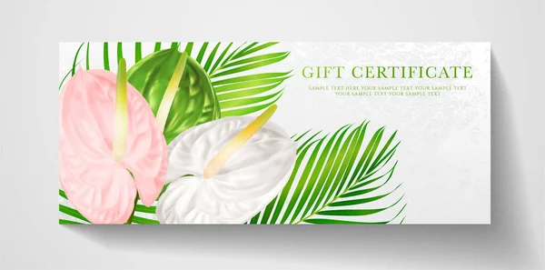 Chèque Cadeau Bon Avec Bouquet Exotique Tropical Réaliste Fleurs Asiatiques — Image vectorielle