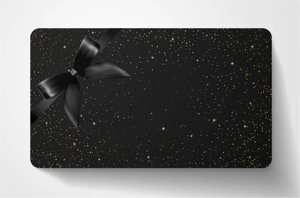 Gift card with twinkling stars, sparkling elements and bow (ribbon) on black background. Template useful for any design, shopping card (loyalty card), voucher or gift coupon