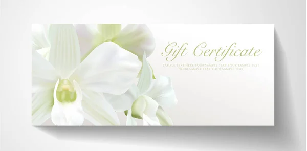 Cadeaubon Voucher Met Realistische Witte Orchidee Bloemboeket Blanco Achtergrond Sjabloon — Stockvector