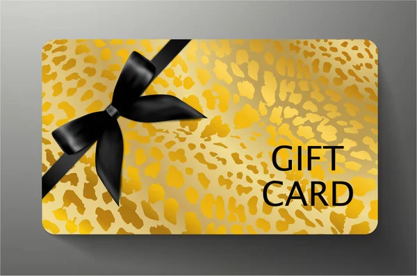Gift Card Con Stampa Leopardo Dorato Fondo Oro Fiocco Nero — Vettoriale Stock
