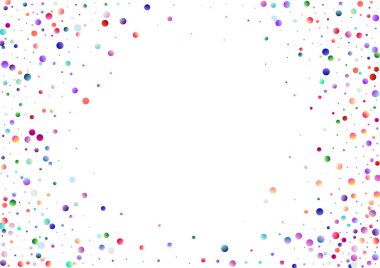 Parlak dairesel noktalı renkli desen (konfeti). Beyaz arka planda parlayan gökkuşağı daireleri. Bayram arkaplanı (doğum günü disko partisi) için çok renkli desen kullanışlıdır. Boş yatay şablon