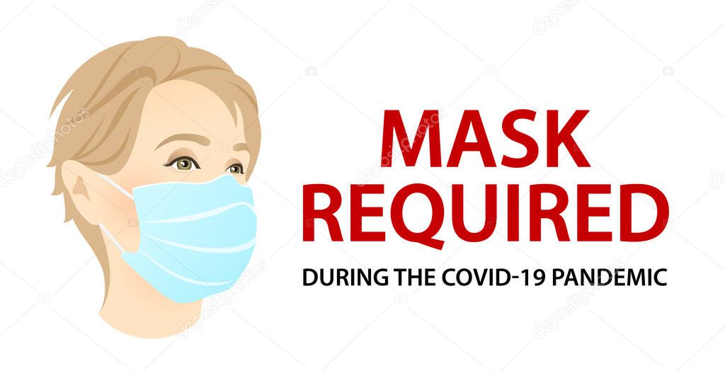 Human face with Medical face mask on - Door banner: flat simple illustration with text: mask required (coronavirus protection). Vector template for pandemic (to prevent the spread of COVID-19)