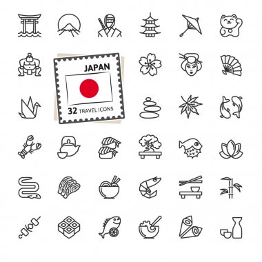 Japonya, Japonca - minimal ince çizgi web simgesi seti. Anahat simgeleri koleksiyonu. Seyahat serisi. Basit vektör çizimi.