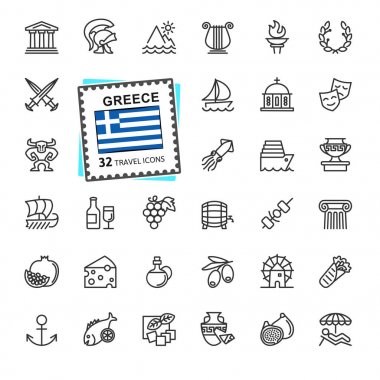 Yunanistan, Yunan - minimal ince çizgi web simgesi seti. Anahat simgeleri koleksiyonu. Seyahat serisi. Basit vektör çizimi.