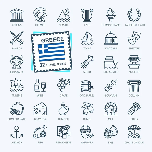 Grèce Grec Ligne Mince Minimale Jeu Icônes Web Aperçu Collection — Image vectorielle
