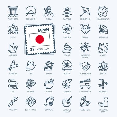 Japonya, Japonca - minimal ince çizgi web simgesi seti. Anahat simgeleri koleksiyonu. Seyahat serisi. Basit vektör çizimi.