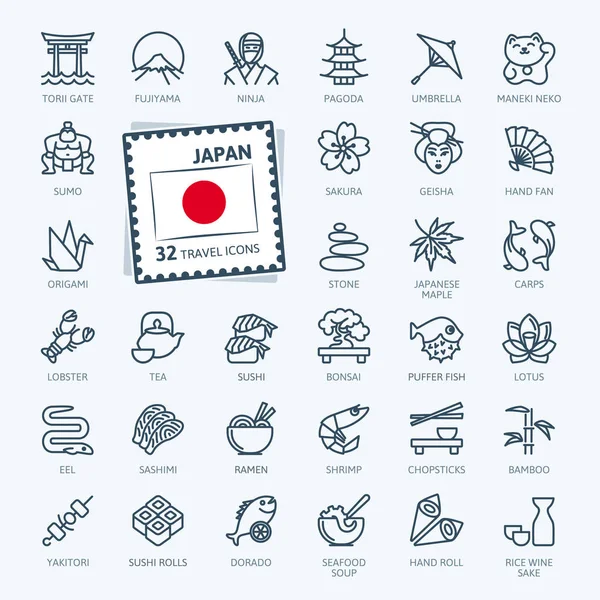 Japón Japonés Conjunto Iconos Web Línea Delgada Mínima Esquema Colección — Vector de stock
