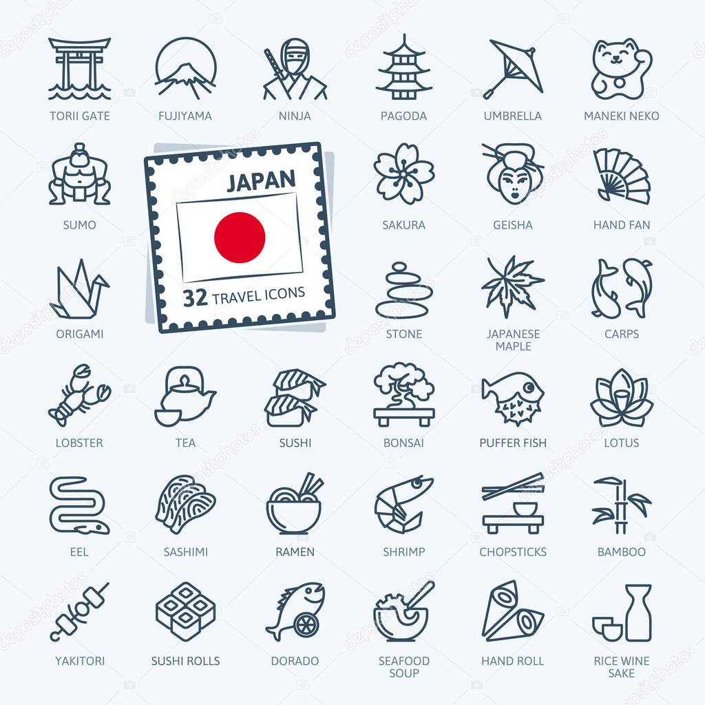Japan, Japanese - minimal thin line web icon set. Outline icons collection. Travel series. Simple vector illustration.