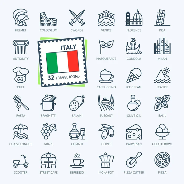 Italië Italiaanse Minimale Dunne Lijn Web Icon Set Collectie Met — Stockvector