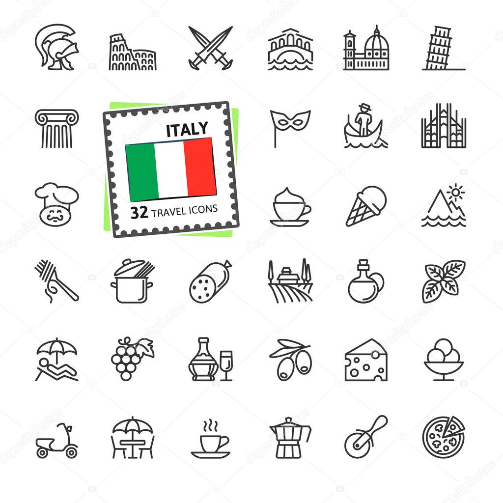 Italy, Italian - minimal thin line web icon set. Outline icons collection. Travel series. Simple vector illustration.