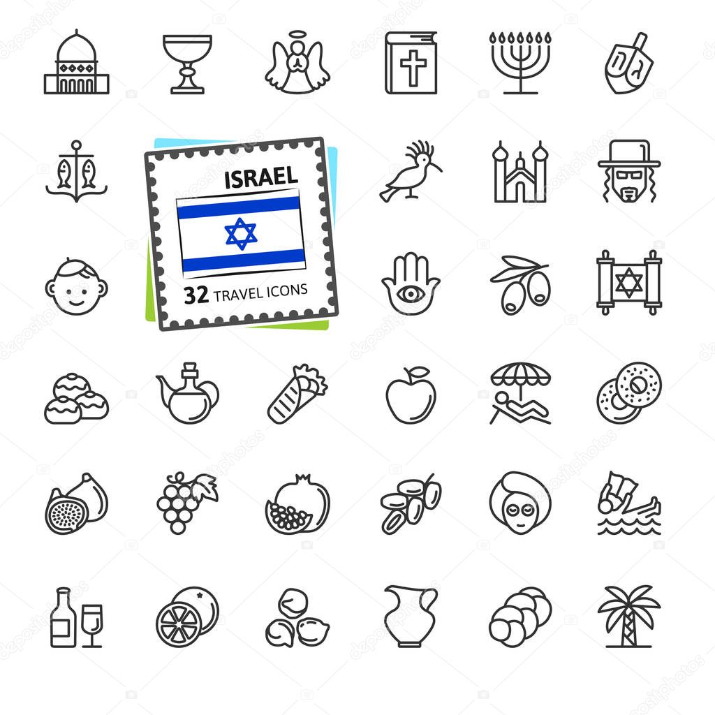 Israel - minimal thin line web icon set. Outline icons collection. Travel series. Simple vector illustration.