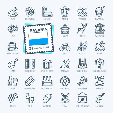 Bavyera, Bavyera, Bayern - minimal ince çizgi web simgesi seti. Anahat simgeleri koleksiyonu. Dünya Seyahat turizmi. Basit vektör çizimi.