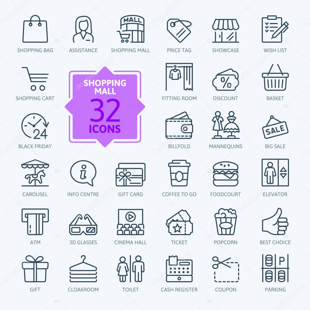 Shopping mall - minimal thin line web icon set. Outline icons collection.Simple vector illustration.
