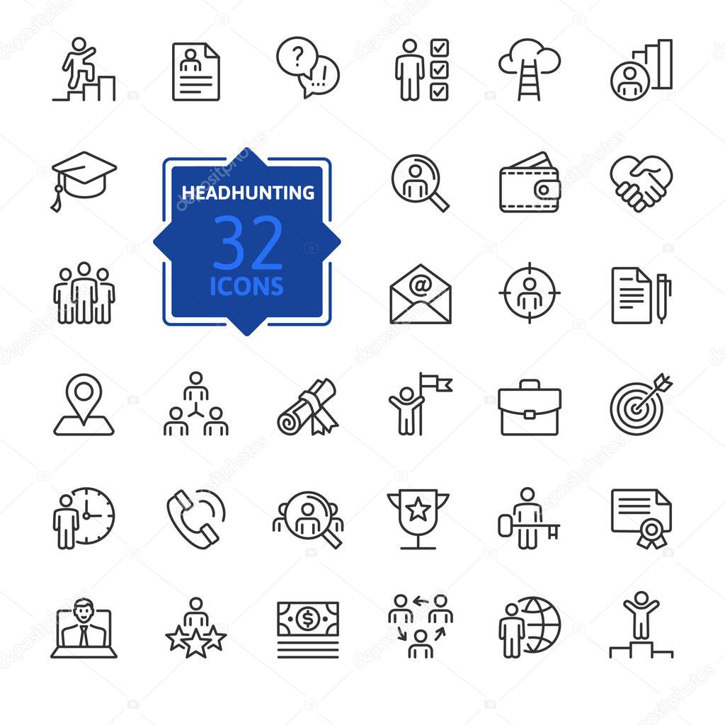 Headhunting And Recruiting minimal thin line web icon set. Included the icons as Job Interview, Career Path, Resume and more. Outline icons collection.Simple vector illustration.