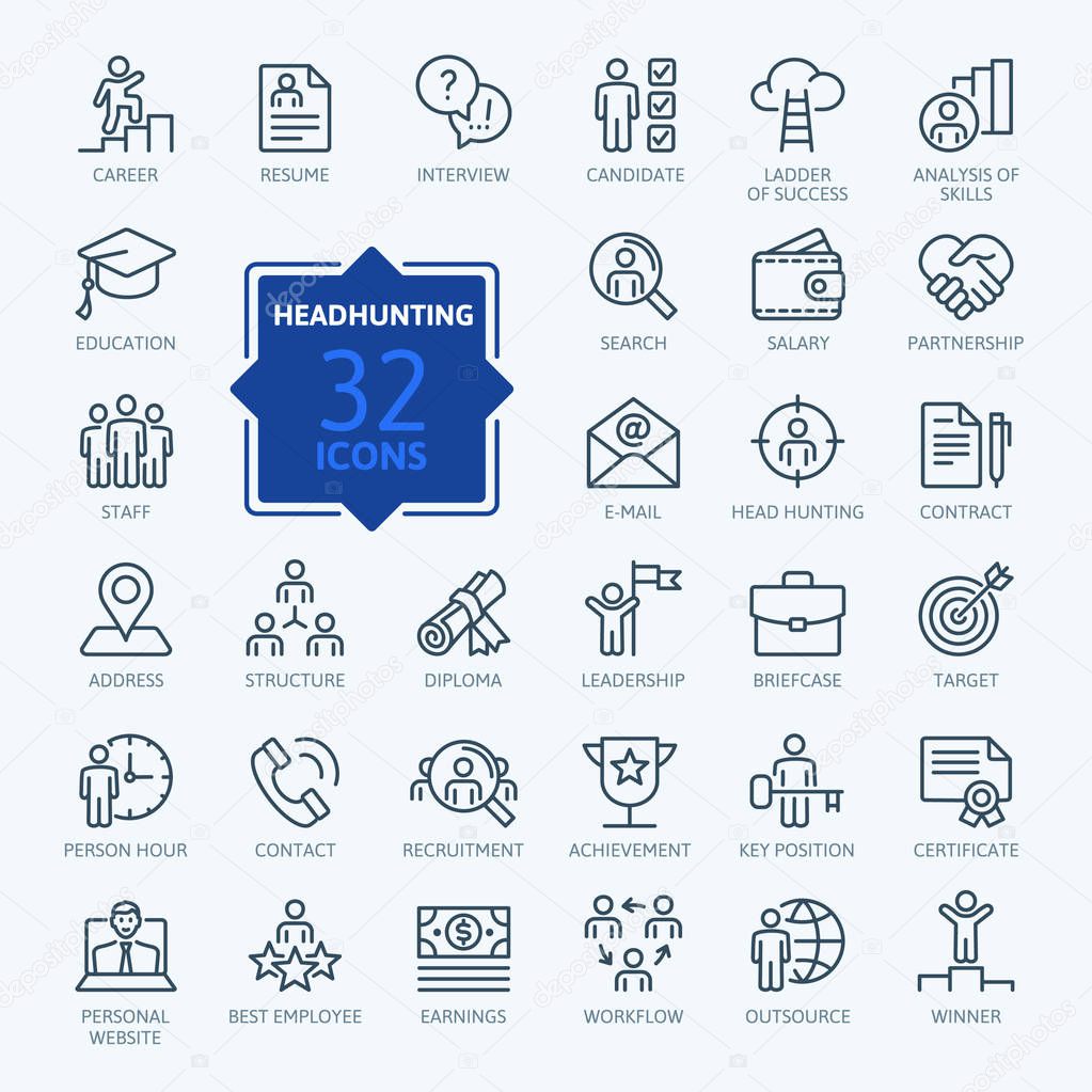 Headhunting And Recruiting minimal thin line web icon set. Included the icons as Job Interview, Career Path, Resume and more. Outline icons collection.Simple vector illustration.