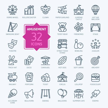 Amusement Park minimal thin line web icon set. Included the icons as Rollercoaster, Carousel, Ferros Wheel and more. Outline icons collection. Simple vector illustration. clipart