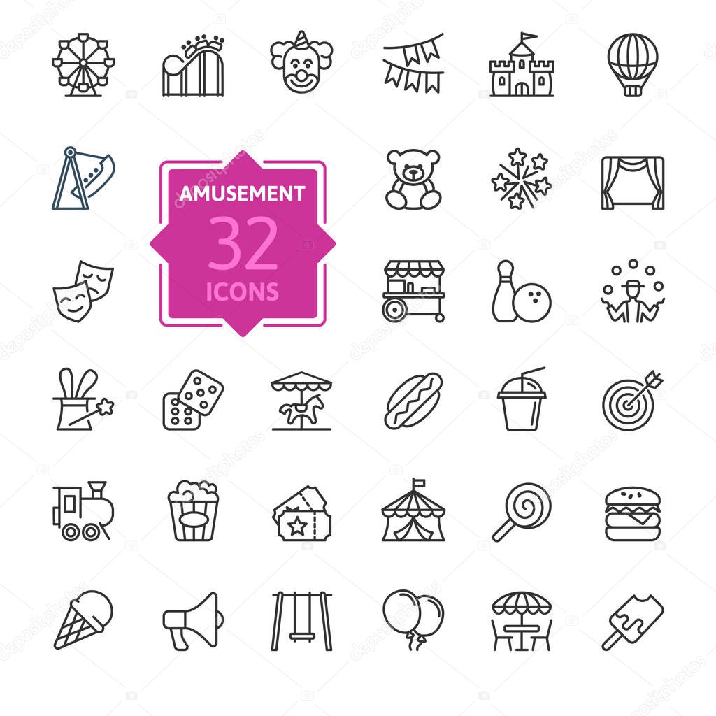 Amusement Park minimal thin line web icon set. Included the icons as Rollercoaster, Carousel, Ferros Wheel and more. Outline icons collection. Simple vector illustration.