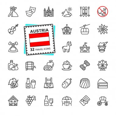 Avusturya, Avusturya, Tirol - minimal ince çizgi web simgesi seti. Anahat simgeleri koleksiyonu. Dünya Seyahat turizmi. Basit vektör çizimi.