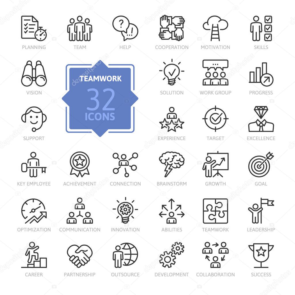 Business teamwork, team building, work group and human resources minimal thin line web icon set. Outline icons collection. Simple vector illustration.