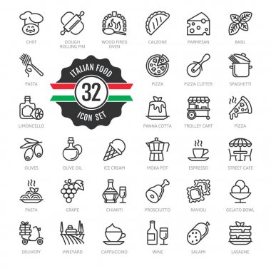 İtalya, İtalyan yemekleri, İtalyan mutfağı - minimal ince çizgi web simgesi seti. Menü, restoran, kahvehane, pizzacı için anahat simgeler koleksiyonu. Basit vektör çizimi.
