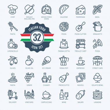 İtalya, İtalyan yemekleri, İtalyan mutfağı - minimal ince çizgi web simgesi seti. Menü, restoran, kahvehane, pizzacı için anahat simgeler koleksiyonu. Basit vektör çizimi.