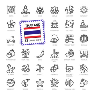 Tayland, Tay - minimal ince çizgi simgesi web seti. Anahat simgeleri koleksiyonu. Dünya Seyahat turizmi. Basit vektör çizimi.