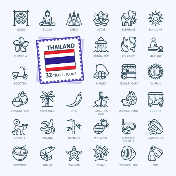 Tailandia Tailandés Conjunto Web Iconos Línea Delgada Mínima Esquema Colección — Archivo Imágenes Vectoriales