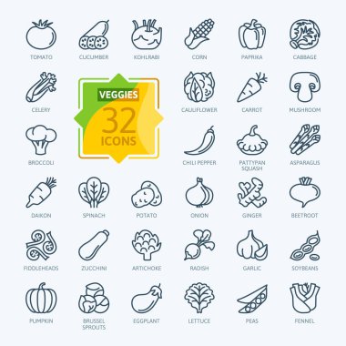Vejetaryen, sebze, sebzeler - minimal ince çizgi web simgesi seti. Domates, salatalık, kohlrabi, karnabahar, pattypan kabak, kemankafalar, daikon gibi basit vektör simgeleri dahil. Anahat simgeleri koleksiyonu. 