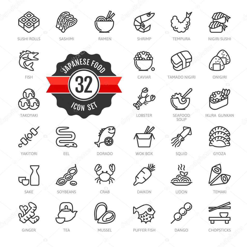 Japan, Japaneze food, Japaneze cuisine - minimal thin line web icon set. Outline icons collection for menu, restaurant, sushi bar, gastronomic tour. Simple vector illustration.