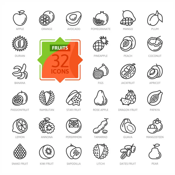 Frutas Frutas Exóticas Vegetariano Conjunto Iconos Web Línea Delgada Mínima — Vector de stock