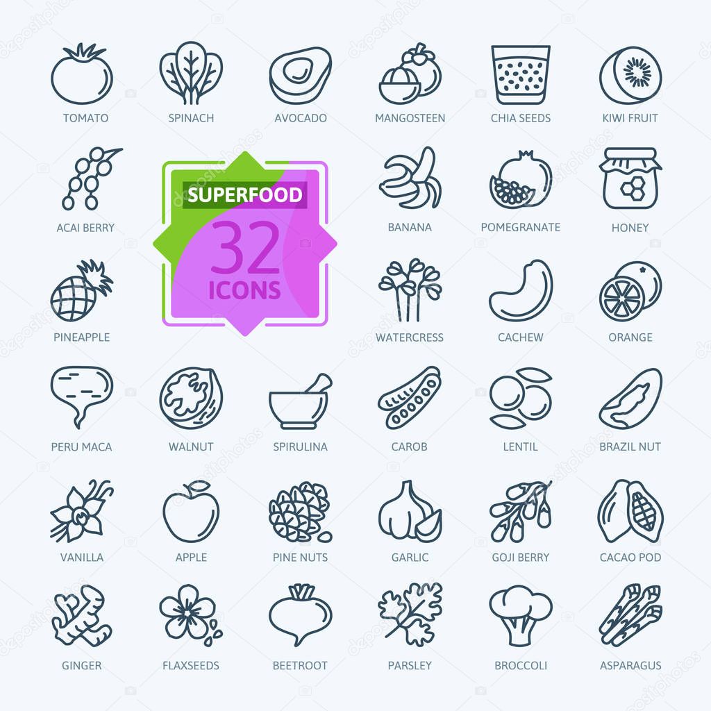 Super food - thin line icon set of fruits, vegetables, berries, nuts, roots and seeds. Outline icons collection of healthy detox natural products, organic food ingredients for health and diet.