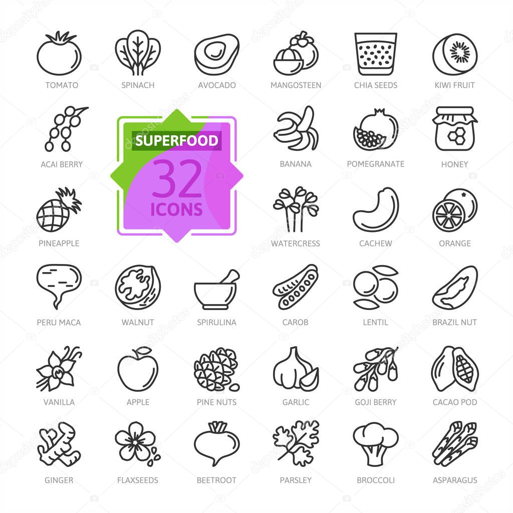 Super food - thin line icon set of fruits, vegetables, berries, nuts, roots and seeds. Outline icons collection of healthy detox natural products, organic food ingredients for health and diet. 