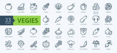 Vejetaryen, sebze, sebzeler - minimal ince çizgi web simgesi seti. Domates, salatalık, kohlrabi, karnabahar, pattypan kabak, kemankafalar, daikon gibi basit vektör simgeleri dahil. Anahat simgeleri koleksiyonu. 