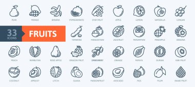 Meyveler, egzotik meyveler, vejetaryen - minimal ince çizgi ağ ikonu seti. Mango, durian, rambutan, guava, tamarind, jackfruit gibi basit vektör simgelerini içerir. Taslak simge koleksiyonu. 