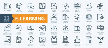 E-eğitim, online eğitim elemanları - en az satır web Icon set ince. Anahat simgeleri koleksiyonu. Basit vektör çizim.
