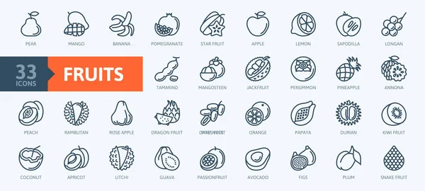 Frutas Frutas Exóticas Vegetariano Conjunto Iconos Web Línea Delgada Mínima — Vector de stock