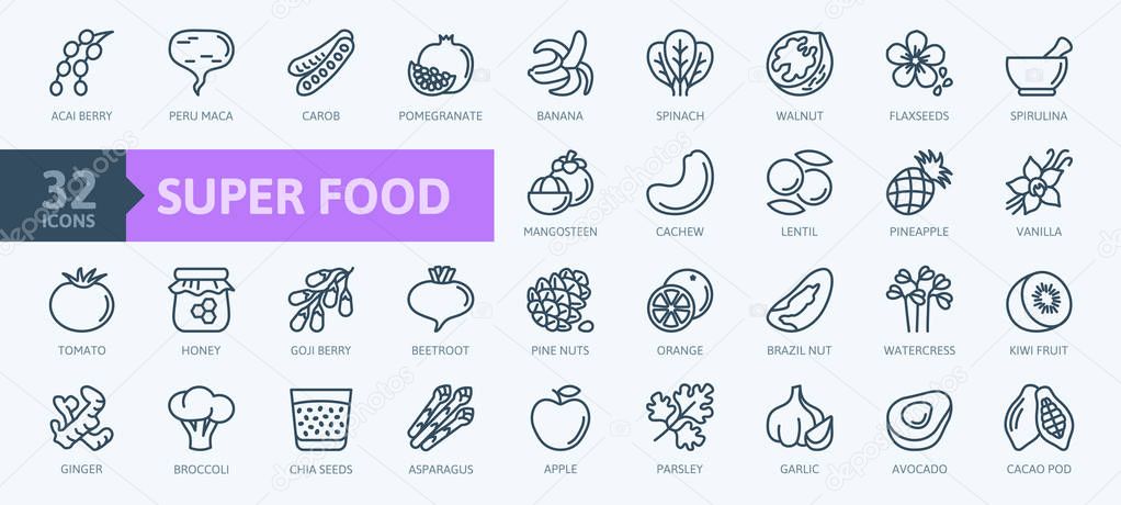 Super food - thin line icon set of fruits, vegetables, berries, nuts, roots and seeds. Outline icons collection of healthy detox natural products, organic food ingredients for health and diet.
