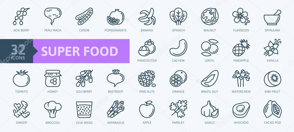 Super food - thin line icon set of fruits, vegetables, berries, nuts, roots and seeds. Outline icons collection of healthy detox natural products, organic food ingredients for health and diet. 