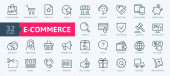 E-komerce, online nakupování a dodání prvky - minimální tenká linie webové sady ikon. Obrys ikony kolekce. Jednoduché vektorové ilustrace.