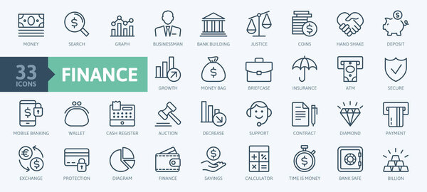 Dinero Finanzas Elementos Pago Conjunto Iconos Web Línea Delgada Mínima — Vector de stock