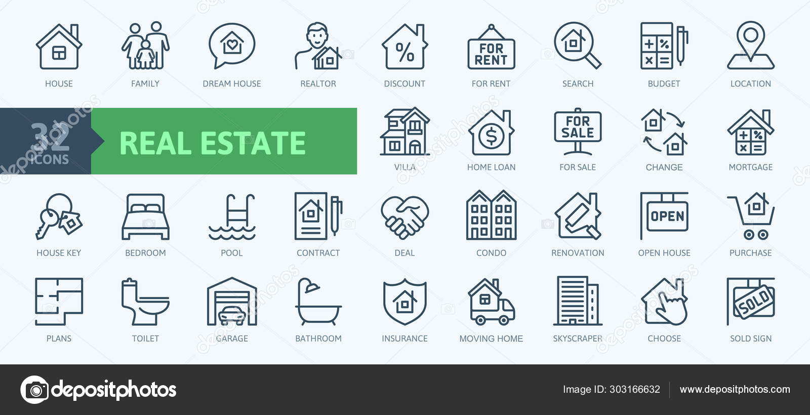 Real Estate Minimal Thin Line  Icon Set Included Icons Stock Vector