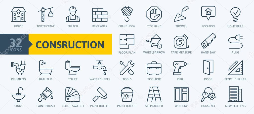 Outline web icons set - construction, home repair tools. Thin line web icons collection. Simple vector illustration.