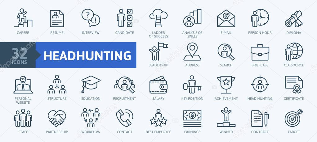 Headhunting And Recruiting minimal thin line web icon set. Included the icons as Job Interview, Career Path, Resume and more. Outline icons collection.Simple vector illustration.