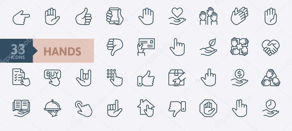 Hands gesture - minimal thin line web icon set. Outline icons collection. Simple vector illustration.