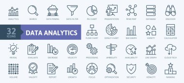 Veri analizi, istatistikler, analytics - minimal ince çizgi web simge seti. Anahat simgeleri koleksiyonu. Basit vektör çizim