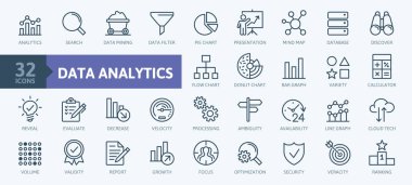 Data analysis, statistics, analytics  - minimal thin line web icon set. Outline icons collection. Simple vector illustration clipart